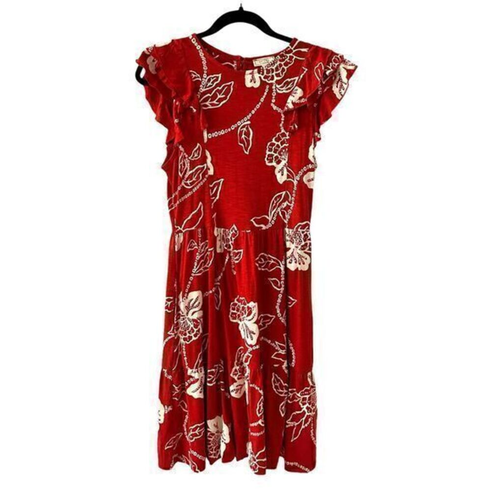 Fatface Red White Floral Short Sleeve Ruffles Knee Length Jersey Dress Size 2